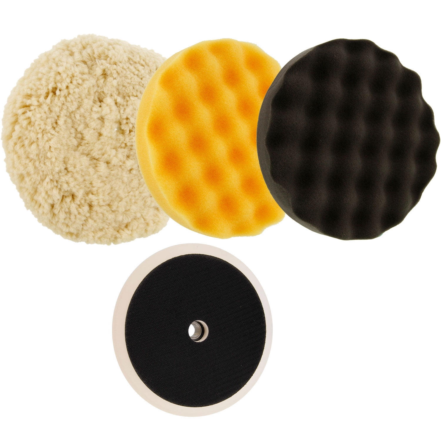 Waffle Foam & Wool Buffing & Polishing Pad Kit w/ 3 8" Pads Grip