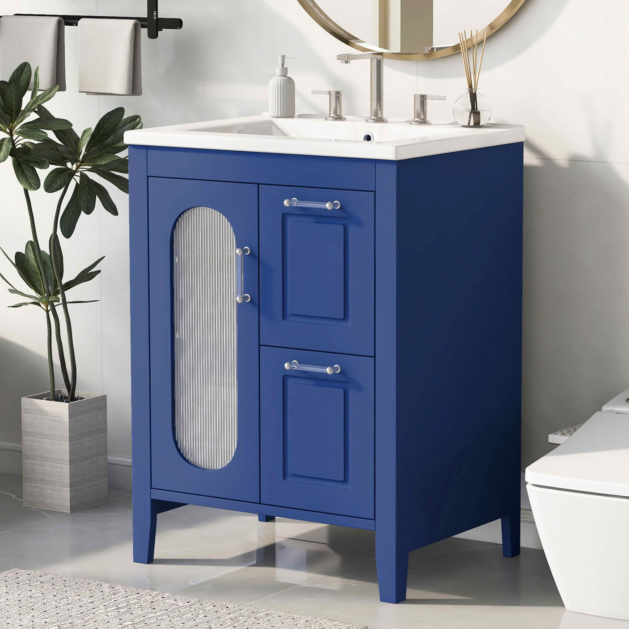 MAYEERTY 24" Bathroom Vanity with Sink 2 Drawers 1 Door Adjustable Shelf Solid Wood MDF Blue