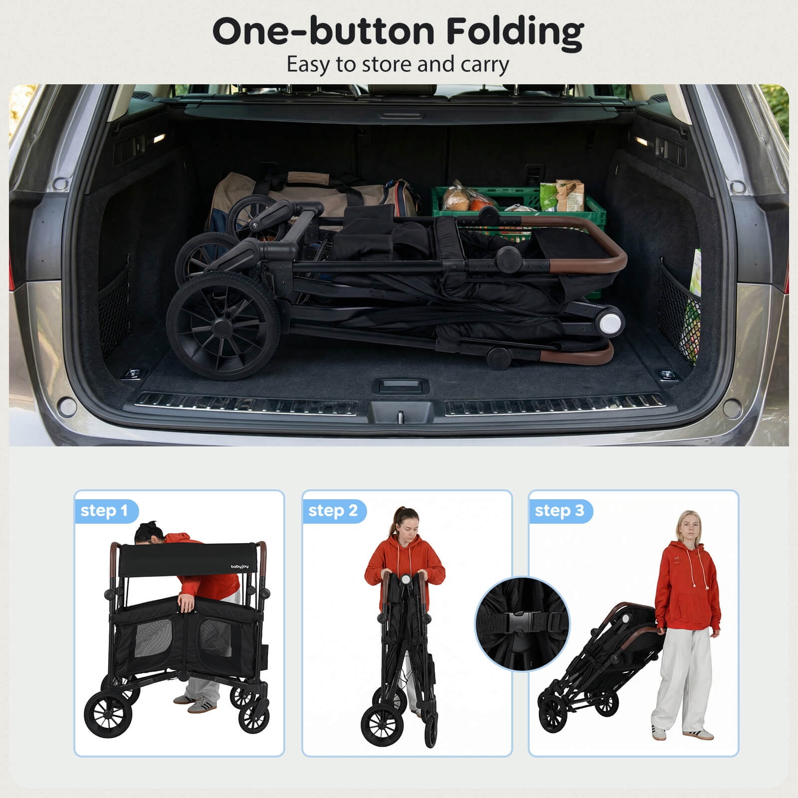 Costway Wagon Stroller, Foldable 4-Seater Push-Pull Toddler Stroller with Removable Canopy Black