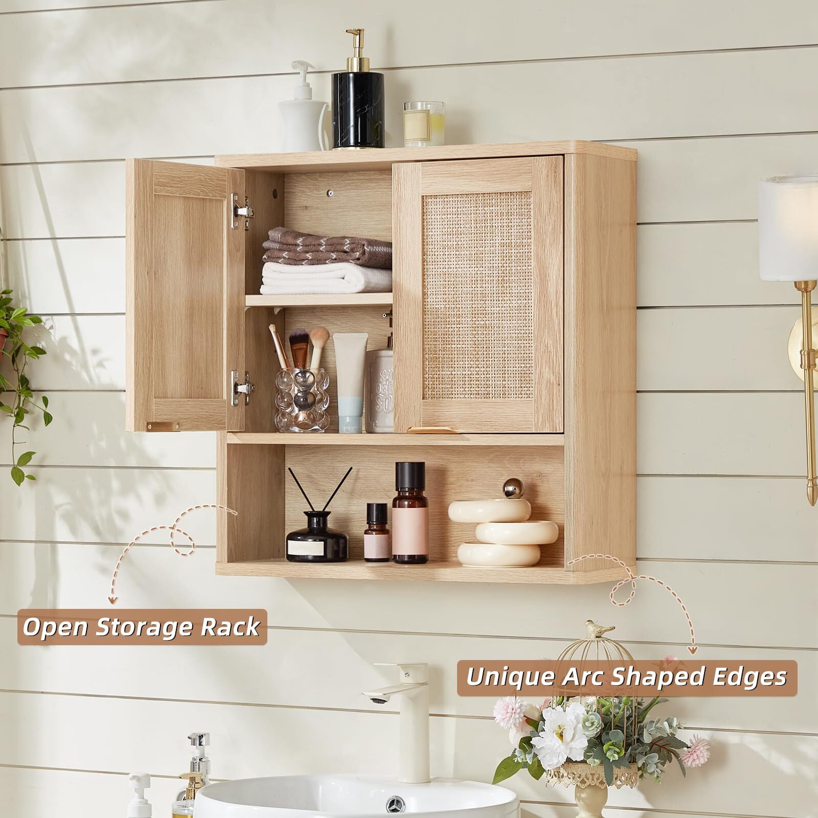 LELELINKY Rattan Wood Bathroom Wall Cabinet with Adjustable Shelf, Boho Medicine Cabinet for over Toilet Storage, Laundry Room, Natural
