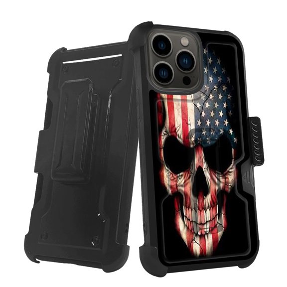 ANJ  Rugged Shockproof Holster Case w/Card Slot, Kickstand   Tempered Glass for iPhone 13 Pro (6.1") - American Skullcap