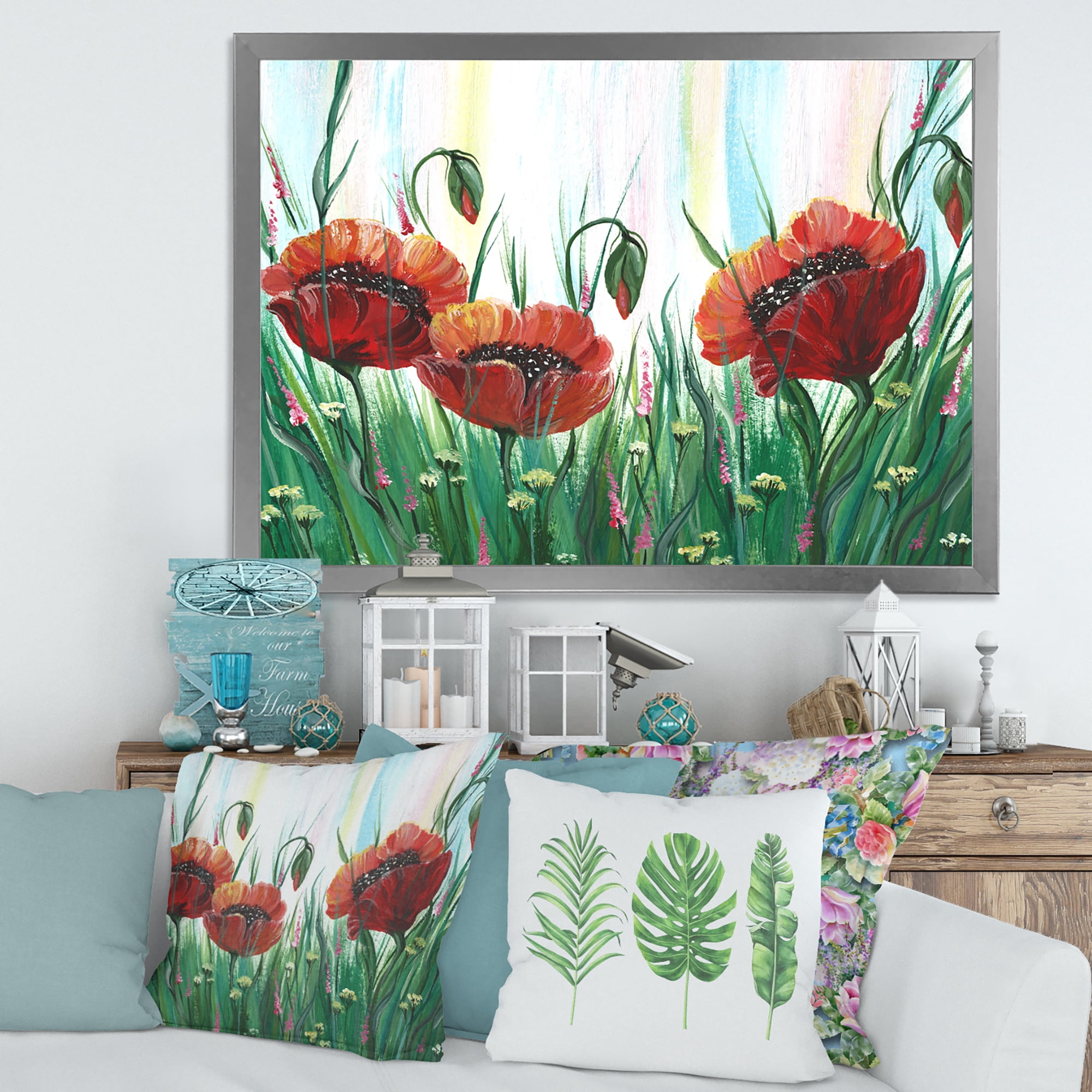 Designart 'Three Red Bright Poppy Flowers On A Green Meadow' Traditional Framed Art Print