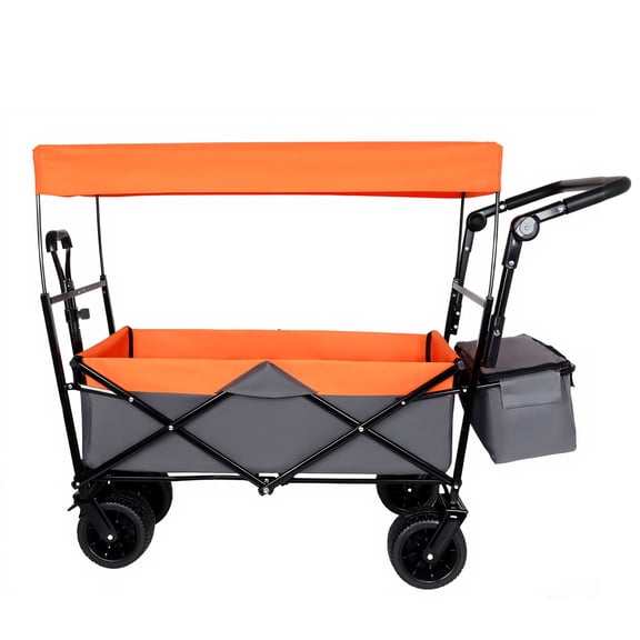 Large 480Lbs Collapsible Wagon Cart with Canopy,7"All-Terrain Wheels&Push Handle,Lightweight Foldable Utility Cart for Camping, Shopping, Sports and Garden Use, Orange