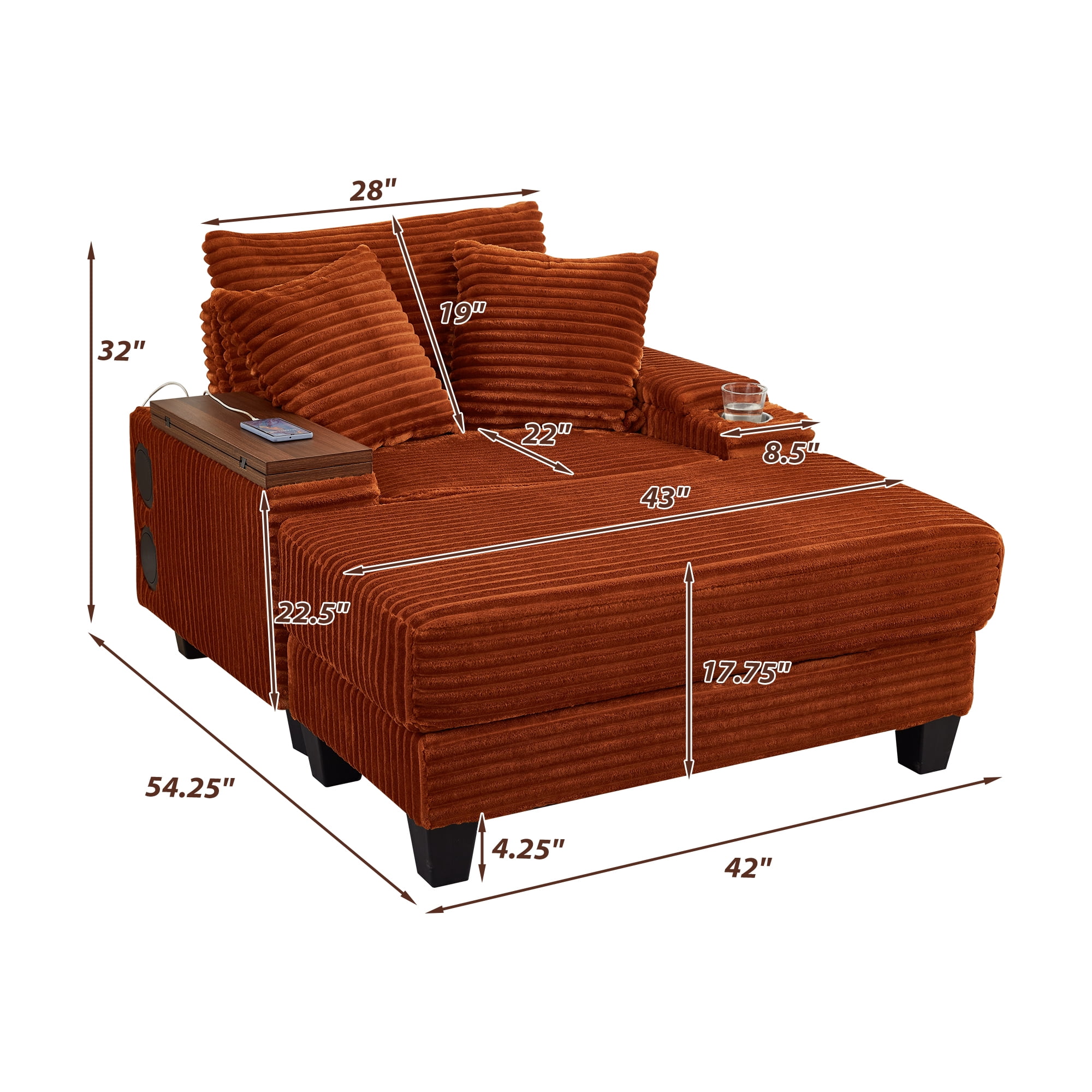 Chaise Lounge Chair Indoor,Corduroy Single Upholstered Sofa Bed with Ottoman,Cup Holder & USB Ports,180°Rotating Table Board for Living Room,Bedroom,Apartment,Orange