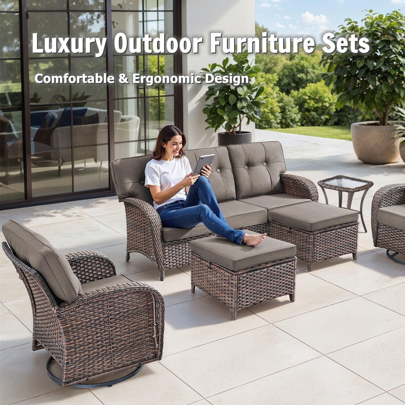 Bellefurn Luxury 6 Piece Outdoor Patio Wicker Furniture Sets with Swivel Rocker Patio Chairs,Sofa and Ottomans,High Back Outdoor Conversation Set for Porch Balcony Deck