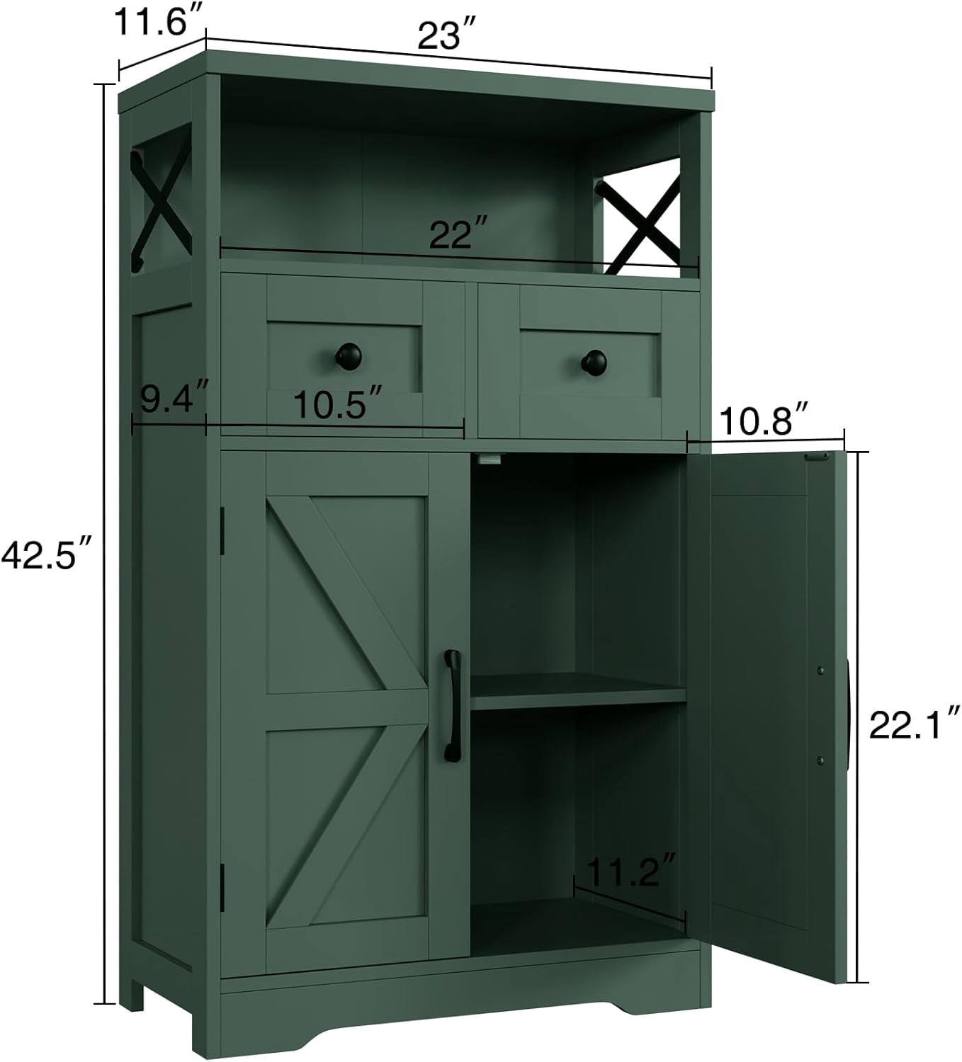 Farmhouse Dark Green Storage Cabinet with Barn Doors and 2 Drawers, Small Freestanding Kitchen Pantry Cabinet, Floor Storage Cabinets Hutch Cupboard for Kitchen/Laundry/Living Room/Bedroom