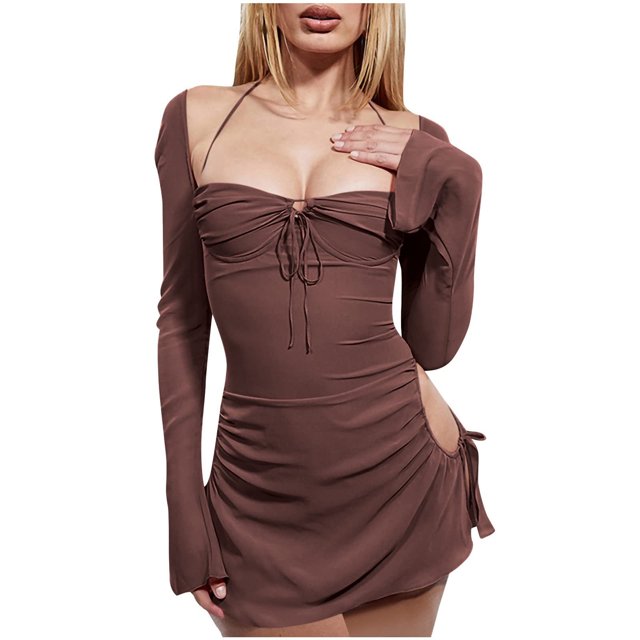 Vestido sexy para mujer Tubo Casual Sexy Color puro Cuello halter Cremallera con cordones Vestido sin tirantes Pompotops ghjkhdj11084