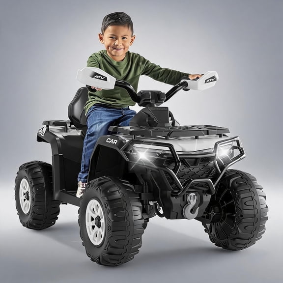 12V Electric Ride On ATV Quad, 4-Wheel Battery Powered Vehicle with Remote Control, Dual 390 Motors, LED Lights, Bluetooth, USB, Music, Spring Suspension, for Ages 3-8,White