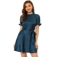 thumbnail image 1 of INSPIRE CHIC Robe en Satin pour Femme à Col Volanté, Manches Courtes Bouffantes, Taille à Nouer, 1 of 6