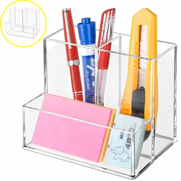 GIXUSIL Pen Holder for Desk, Clear Acrylic Pencil Holder for Desk, Marker Holder with 3 Compartments, Pencil Organizer for Home, Office, Classroom, Bathroom