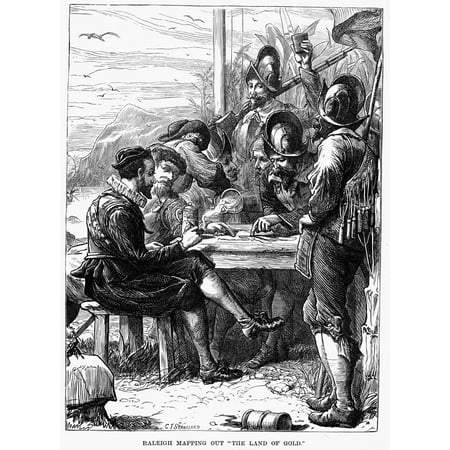 Traditions In Venezuela Sir Walter Raleigh N(1552-1618) English Adventurer Courtier And Writer Raleigh And His Men Map The Discoveries Of Their Expedition Along The Orinoco River (In Modern Venezuela) 1596 Wood Engraving 19T ()