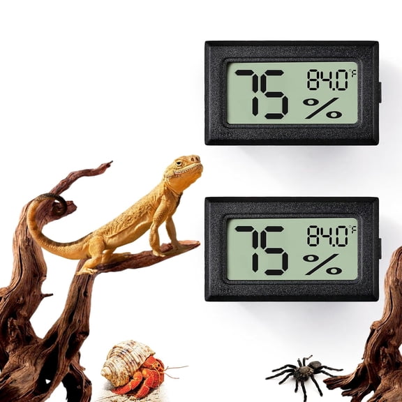Digital Reptile Thermometer and Humidity Gauge for Terrariums with Adhesive Mounting 2 Pack Black