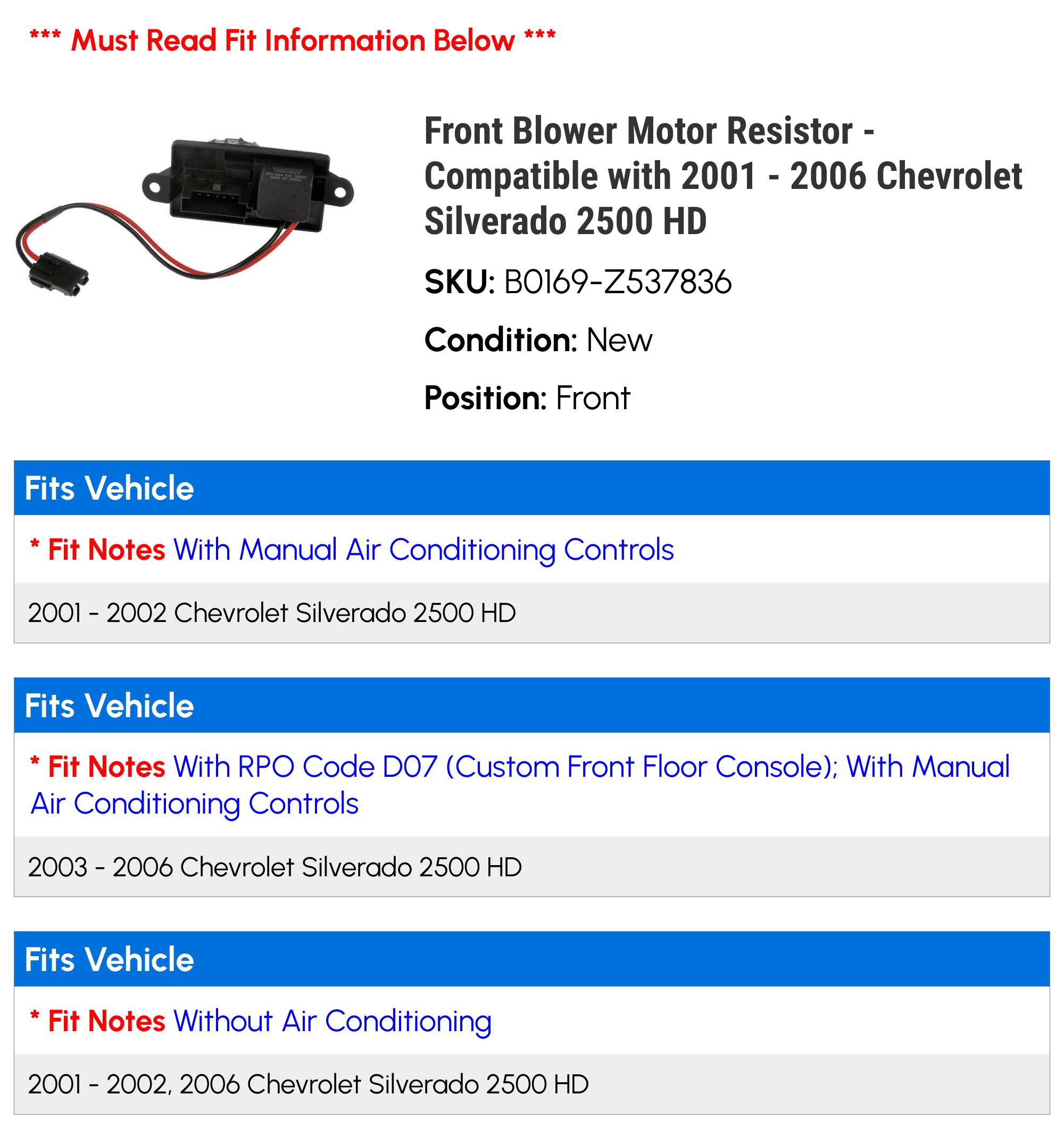 Front Blower Motor Resistor - Compatible with 2001 - 2006 Chevy Silverado 2500 HD 2002 2003 2004 2005