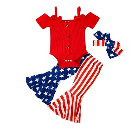 

Clearance! 4th of July Baby Girls Outfits 4th of July Outfits for Toddler Girls 4th of July Independence Day Short Sleeve Round-Neck Star Print Ruffles Flared Pants Hairband Sets Suit For 3-24 Months
