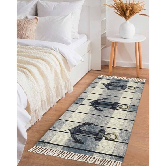 Navy Blue Nautical Hallway Runner Rug 2x6ft,Coastal Blue Striped Vintage Washable Woven Living Room Bedroom Kitchen Bathrom Carpet with Tassels,Indoor Outdoor Throw Door Mat for Entryway