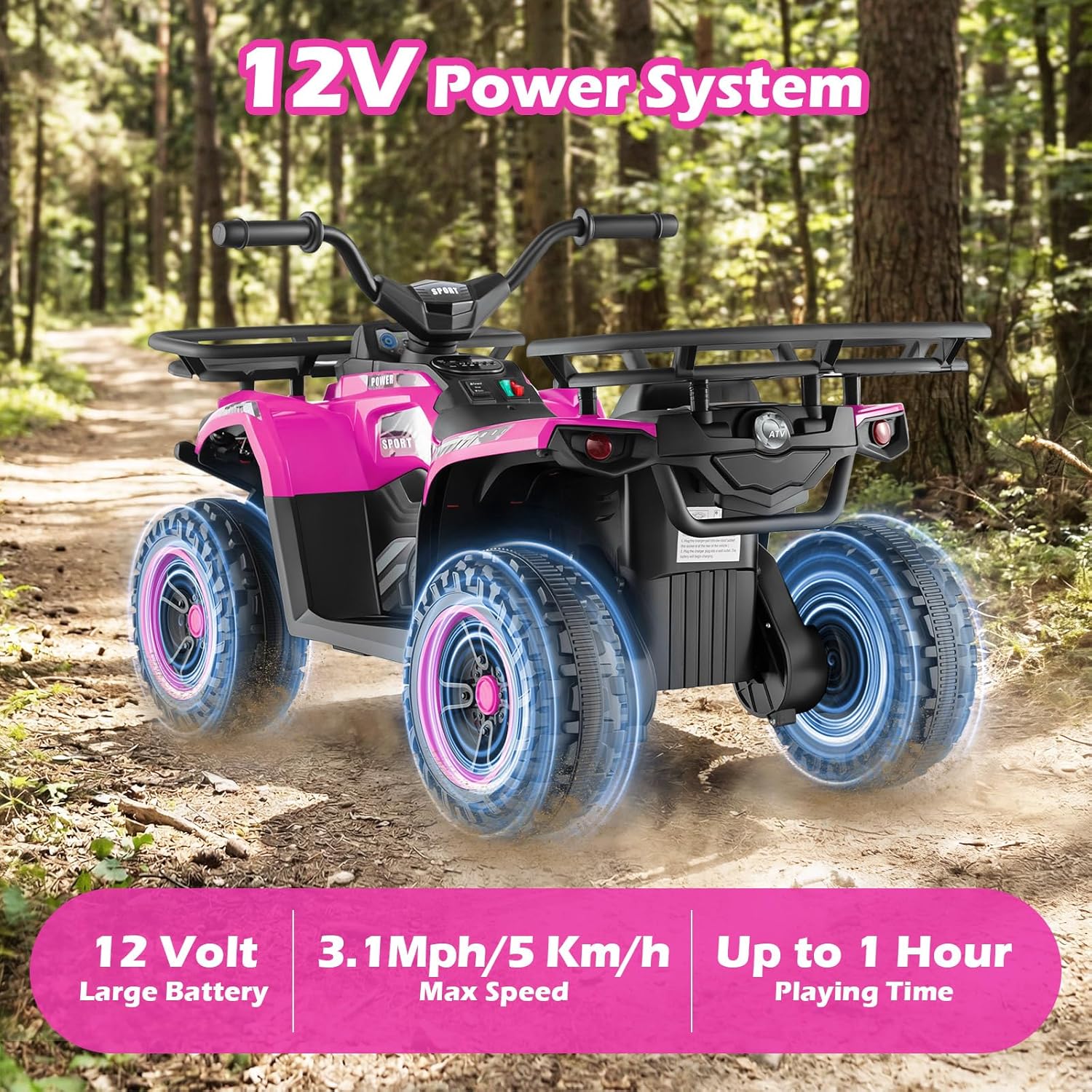 OLAKIDS 12V Kids ATV Quad with 2 Speeds, Spring Suspension, LED Lights, Music & Story Player, Big Tires, 2 Storage Spaces, Ride On Car for Boys Girls Ages 3+