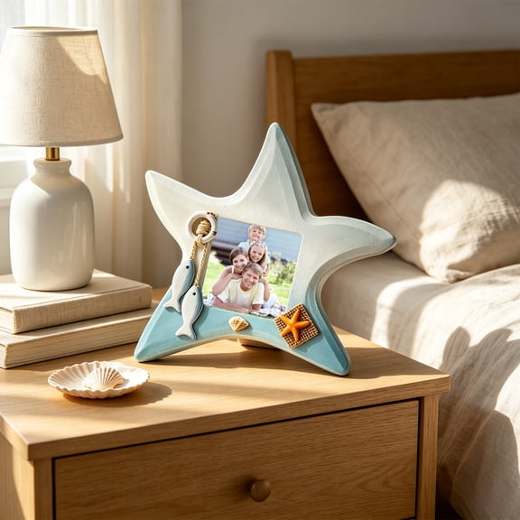 Nautical 3 inch Wooden Photo Frame, Scallop, Fish & Starfish Picture Holder with Desktop Storage Display Stand for Beach House, Living Room, Bedroom, Bathroom, Office or Coastal Decor