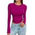thumbnail image 5 of Women Slim Fit Crop Tops Crewneck Skinny Shirt Long Sleeve Y2K Casual Basic Solid Color Going Out Tight Tee Purple Pink L, 5 of 5