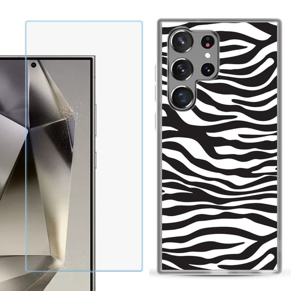 For Samsung Galaxy S25 Ultra 5G Phone Case Cover with Tempered Glass Screen Protector, by OneToughShield - Zebra B/W