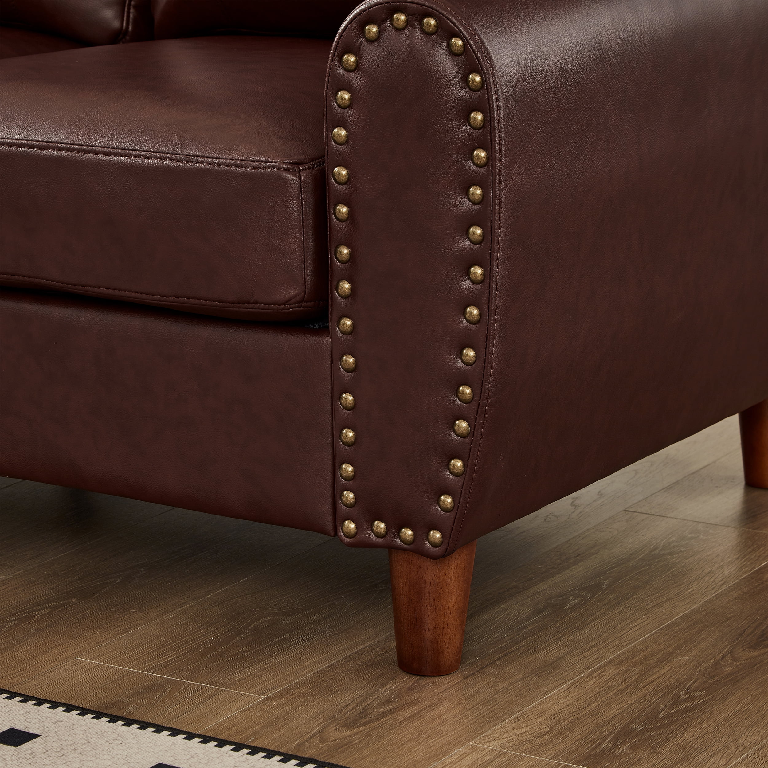 Mid-Century Modern Faux Leather Loveseat Sofa,59"W Classic Rolled Arm 2-Seater Sofa Couch with Brass Nailhead Trim & Solid Wood Legs,Apartment,Living Room Furniture,Burgundy