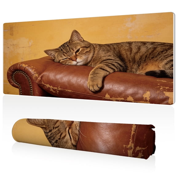 LIVEKEY Tabby Cat on Leather Sofa Mouse Pad 80x40x0.3cm Extra Large Full Desk Coverage Durable Easy Clean Non Slip Stitched Edges for Gaming and Office