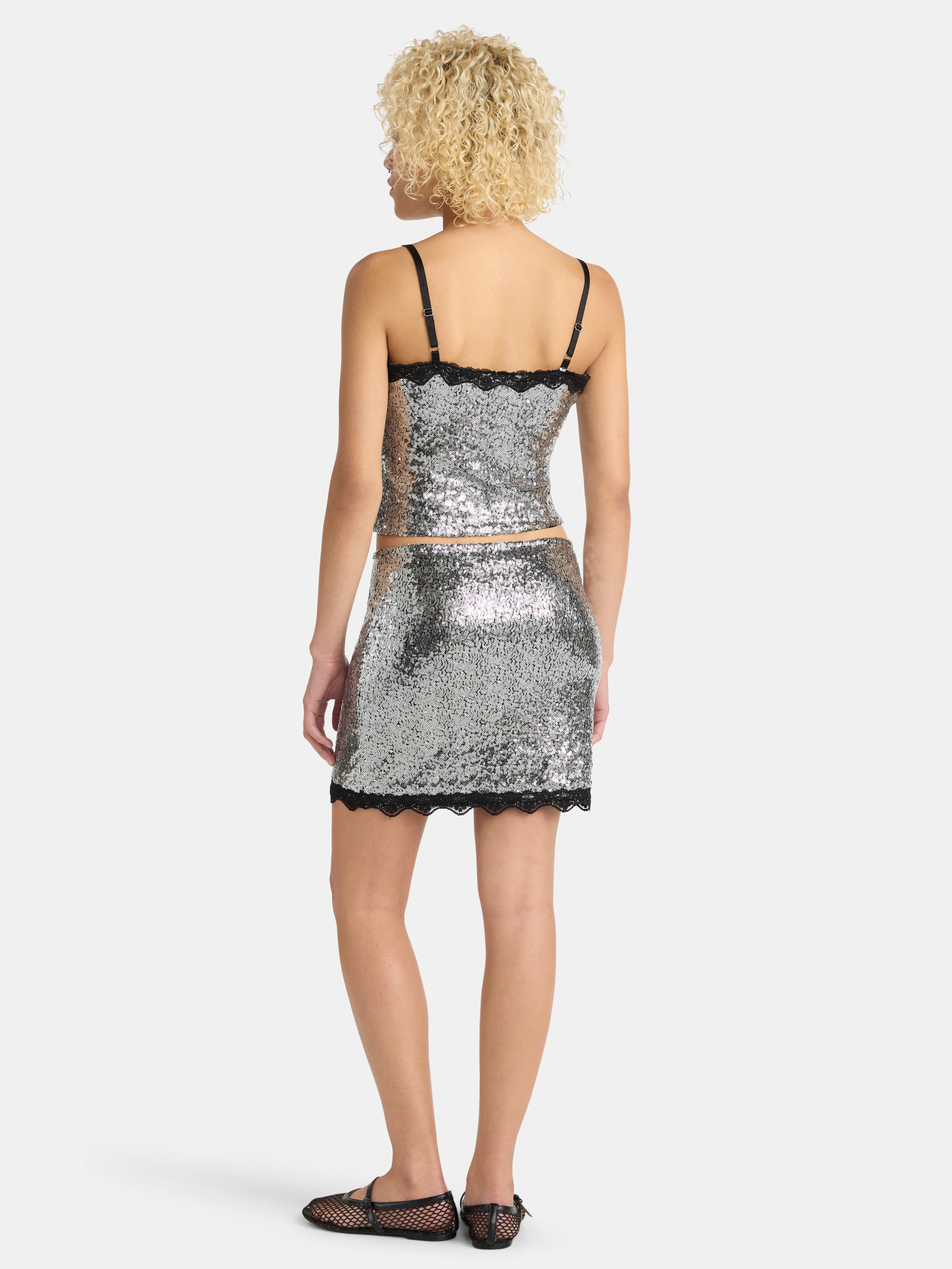 No Boundaries Sequin Mesh Tank Top and Lace Mini Skirt Set, 2-Piece, Women's