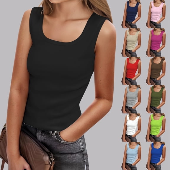 Shadoumai Tank Tops for Women Scoop Neck Wide Strap Sleeveless Crop Top Tanks Womens Basic Fitted Camisole