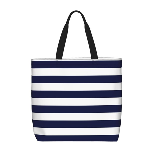 Fotbe Navy Blue And White Stripes Bolsa Tote con Estampado para Mujer, Bolsos con Cremallera, Bolsa de Hombro Casual de Gran Capacidad con Bolsillos Internos