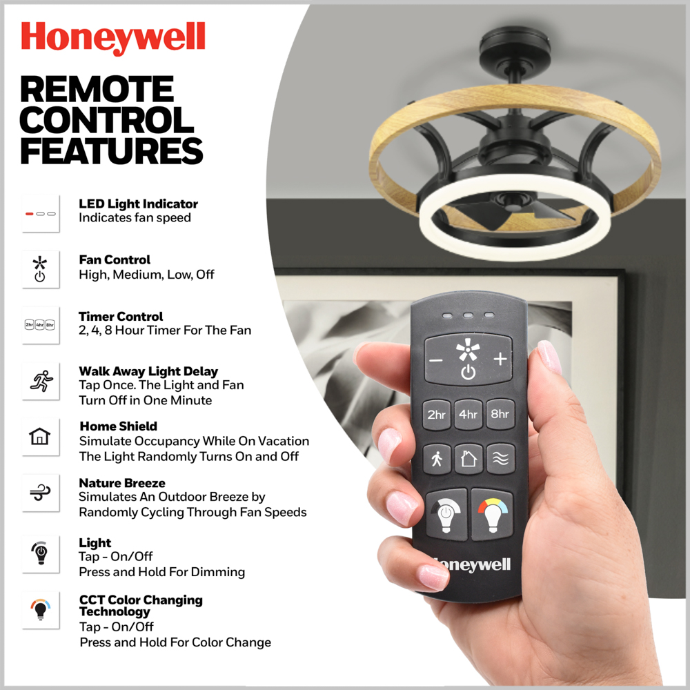 Honeywell Acklen Fandelier 21" Black Contemporary Indoor Ceiling Fan with Lights and Remote Control, Color Changing LED, Reversible Motor