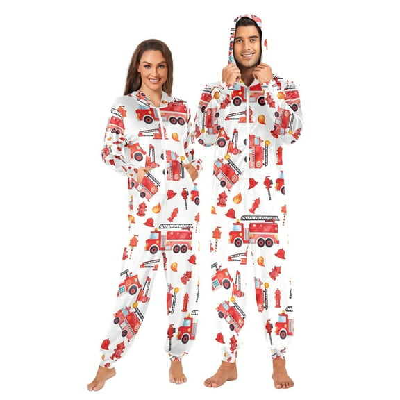 FORMRS Onesies Pajama for Adults Unisex Hoodie Winter Jumpsuit One Piece Sleepwear, Sizes S-2XL, White Cartoon Fire Truck Pattern