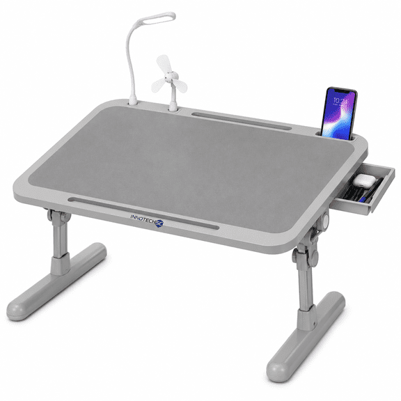 Innotech SC Foldable Laptop Bed Desk - Portable Study Table with LED Light, Mini Fan, USB Charging Port, Drawer, 4-Level Height Adjustment – Gray