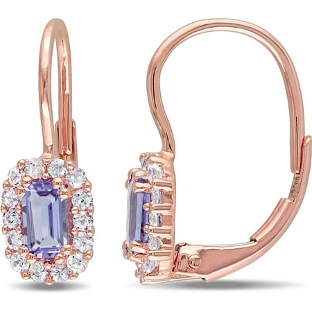 Tangelo 7/8 Carat T.G.W. Tanzanite and White Sapphire 10kt Rose Gold Octagon Halo Leverback Earrings