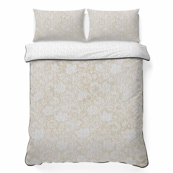 Quilts Full Size Bedding Set, Ivory Cream Florals Lightweight Quilted Comforter, Abstract Damask Flowers European Style Soft Reversible Bedspread Coverlet with Pillow Covers for All Season, 78" x 90"