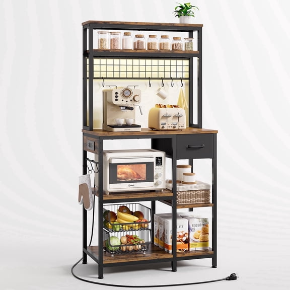 PIXOURA 30" Bakers Rack with Power Outlet & LED Light, 6-Tier Microwave Stand with Storage Drawer, Coffee Bar Shelf with 8 S-Hooks, Rustic Brown