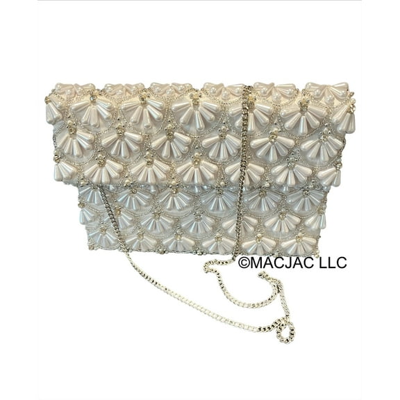 White/Silver Half Flap Beaded Clutch Purse With Rhinestones