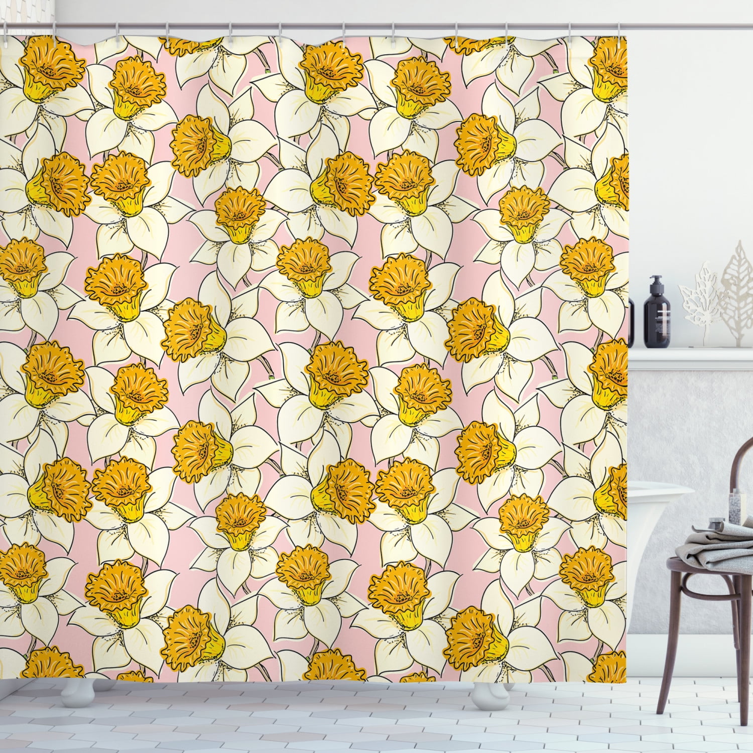 Yellow Flower Shower Curtain, Playful Spring with Narcissus Daffodils