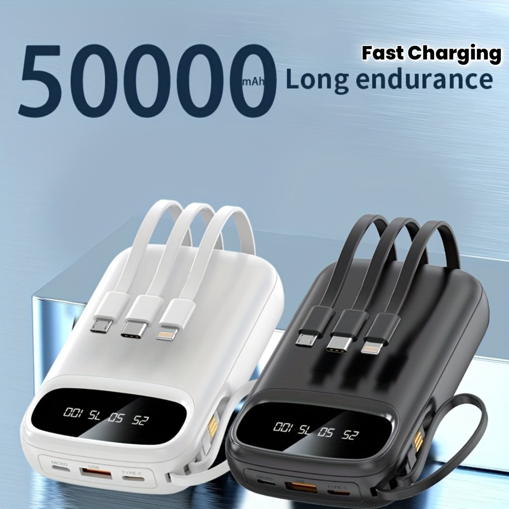 50000mAh Power Bank with 4 Cables, LED Display, Fast Charging for iPhone/Android Phones, Digital Devices, Outdoor Emergency Portable Battery Pack Gift