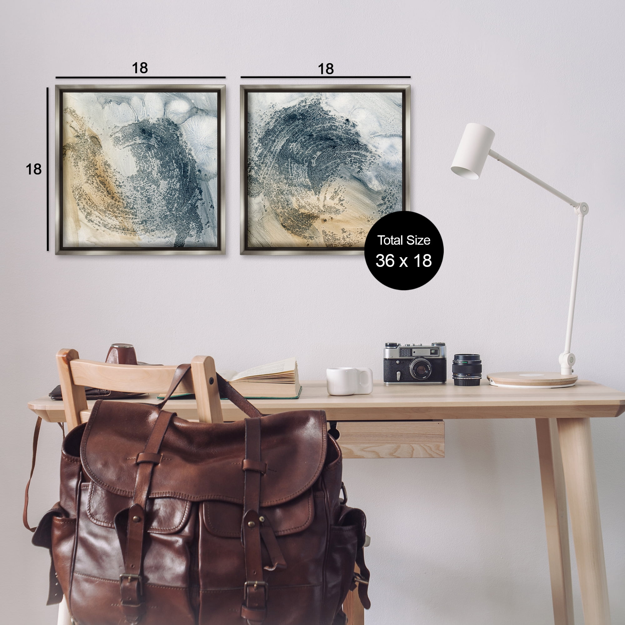 Stupell Industries Abstract Beige Blue Wave Abstract Painting Gray Floater Framed Canvas Art Print Wall Art, 18 x 18, Set of 2