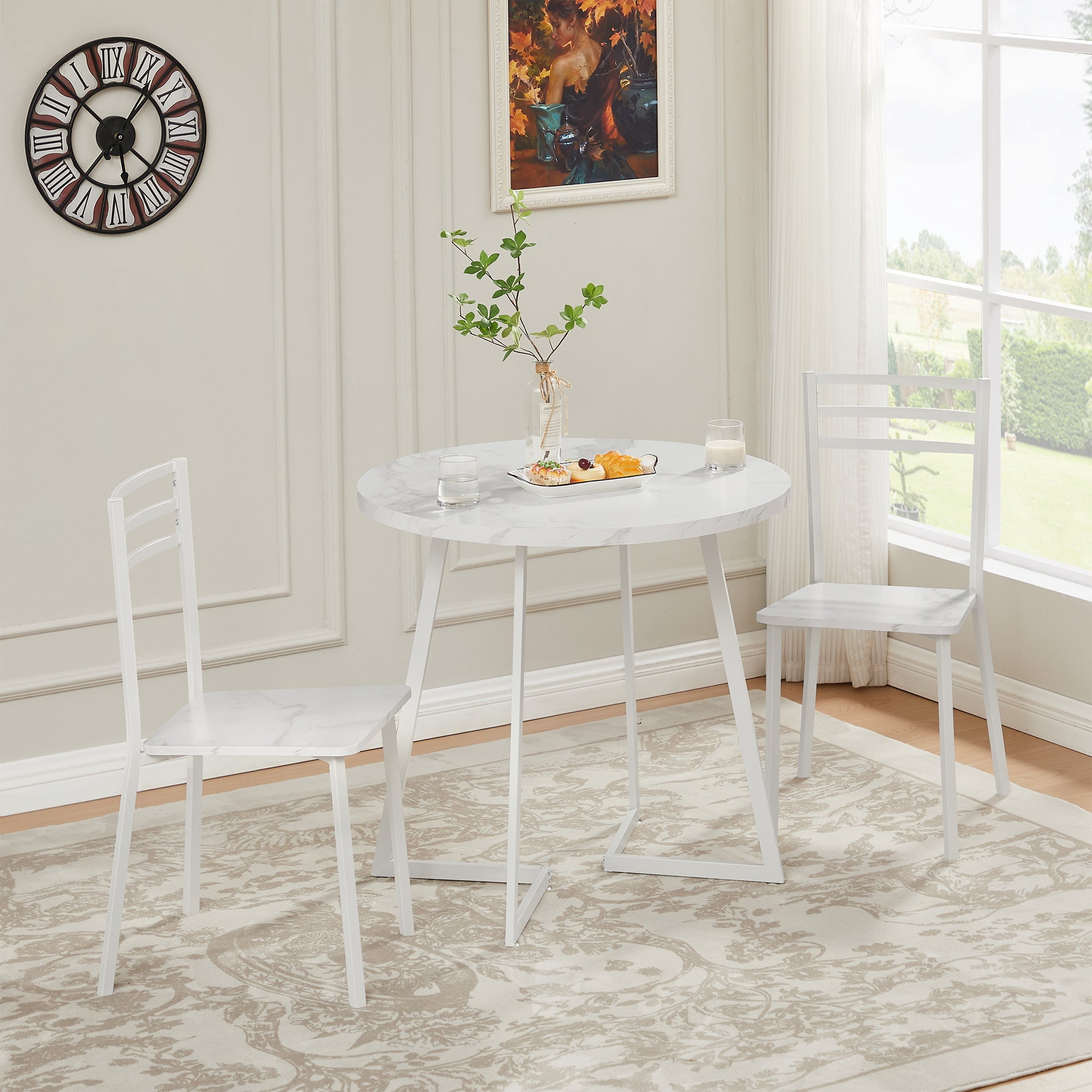 VECELO 31.5" Round Dining Table with Metal Legs for Kitchen Living Room Coffee Table Bristro Table, Marble White