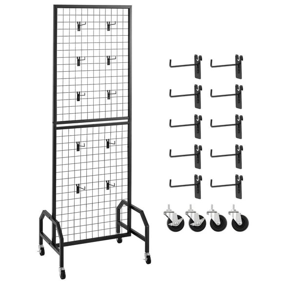 Grid Wall Panel, 1.9 x 5.4 ft Wire Grid Panels Display Rack, Movable Art Display Shelf with Wheels and 10 Hooks, Black Carbon Steel Gridwall for Craft Show, Decoration, Storage
