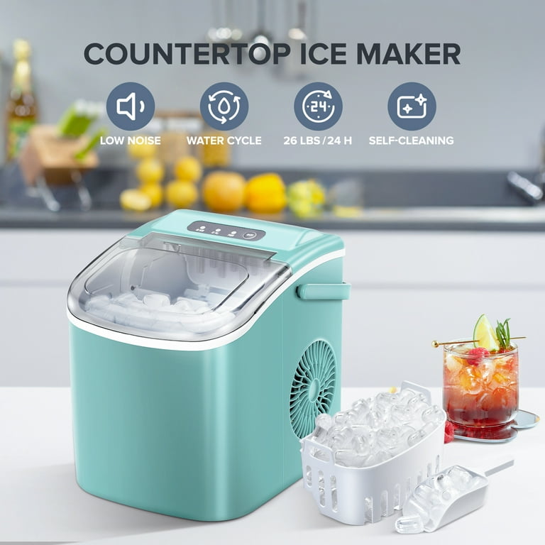 KISSAIR Portable Ice Maker Countertop, with Handle, 26Lbs/24H, 9Pcs/6Mins,  One-Click Operation Ice Makers with Ice Scoop and Basket, Self-Cleaning,  for Kitchen/Office/Bar/Party (Black) 