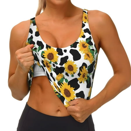 Qokaie Cute Cow Print Sunflower A Pattern Womens Scoop Neck Sports Bra Breathable Workout Vest Padded U Back Medium Impact Fitness Gym Yoga Bra Workout Crop Top