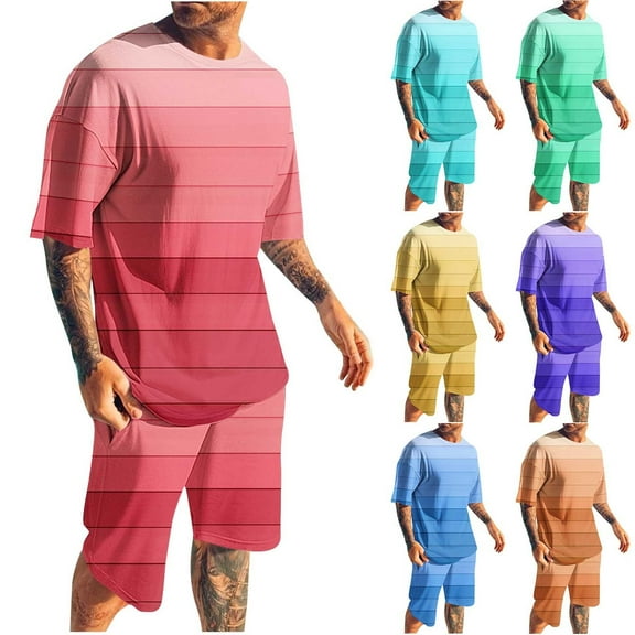 RYDCOT Men's 2 Piece Casual Loose Striped Outfit Round Neck Short Sleeve Shirt Elastic Waist Shorts Set Yellow