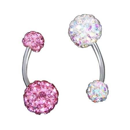 - 2pcs Stainless Steel Crystal Rhinestone Women Belly Navel Ring Dangle Bar Stud