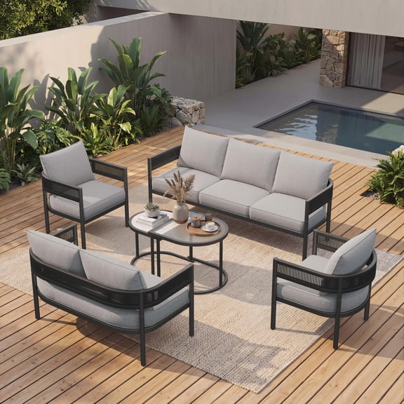 EVERITE 7-Person Patio Furniture Set,Outdoor Wicker Sofa Conversation Set with Removable Cushions and Tables for Backyard Balcony Lawn Pool,Beige