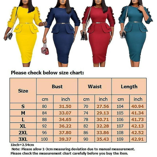 Ladies 3/4 Sleeve Pencil Dress Elegant Work Midi Dresses Solid Color 