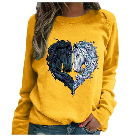 

LBECLEY Workouts Shirts for Women Sleeve Tops Casual Heart-Shaped Head Women s Printing Long Raglan Blouse Horse Women s Blouse Pajama Top Short Sleeve Women Yellow S