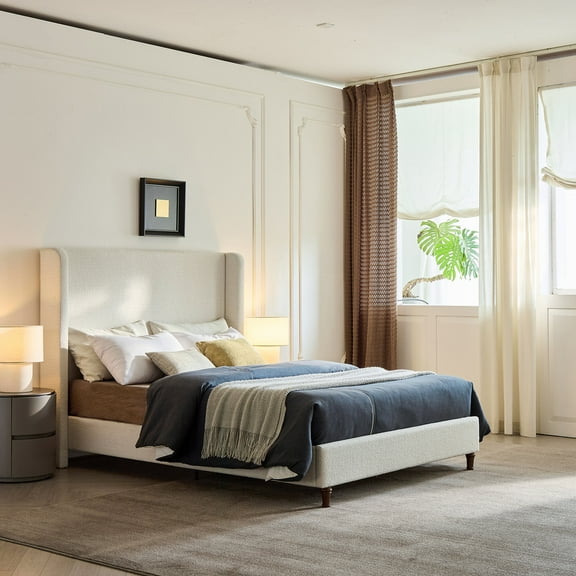 Bed Frame Harper Tall Headboard Upholstered Bed / 54" High Headboard / Elegant Simplicity / No Box Spring Needed / Easy Assembly / Queen / Cream White Boucle,Platform Bed Frame