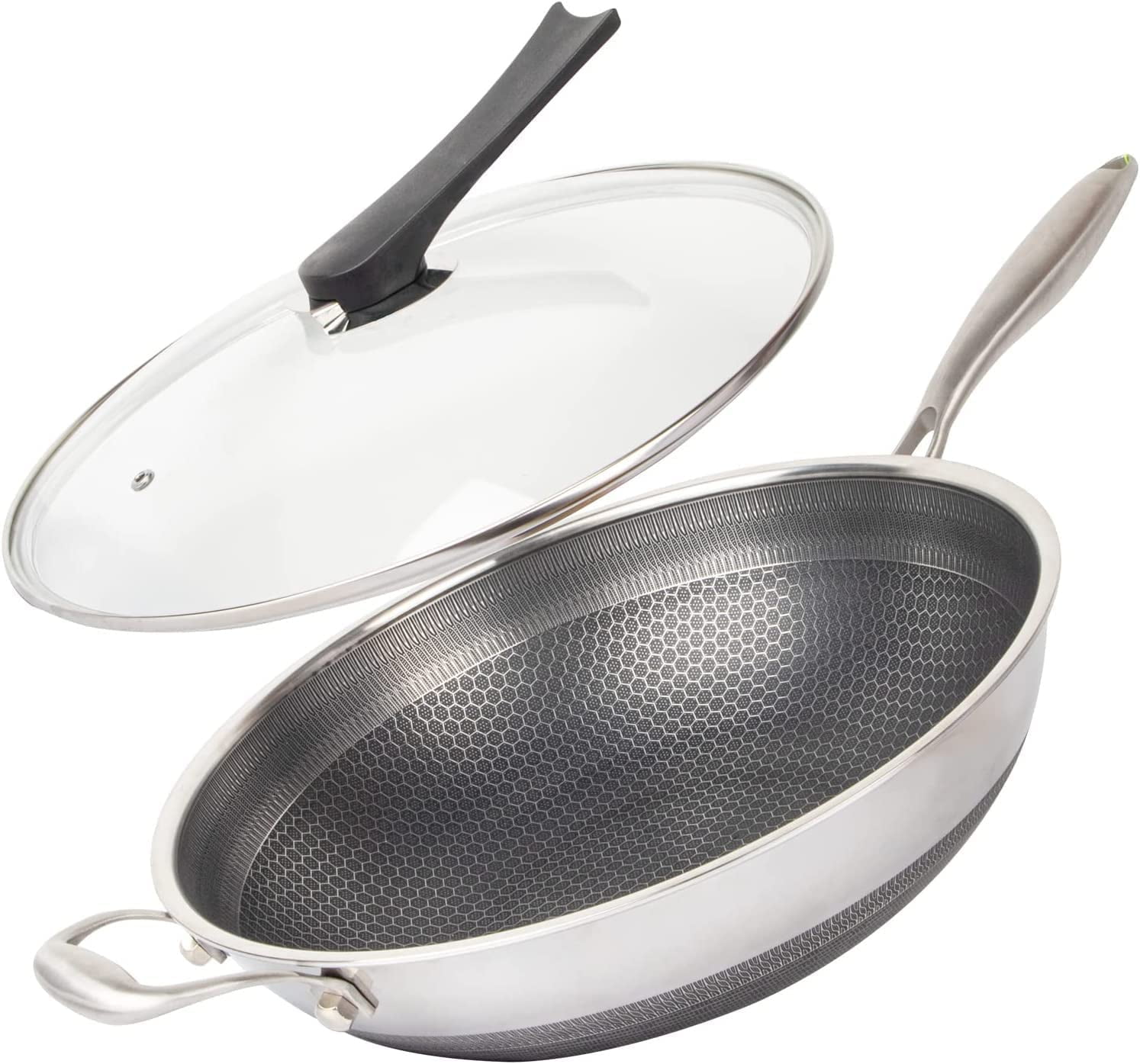 Wok Pan Stainless Steel Stirfry Wok with Lid Hex Cladded 13" Non Stick