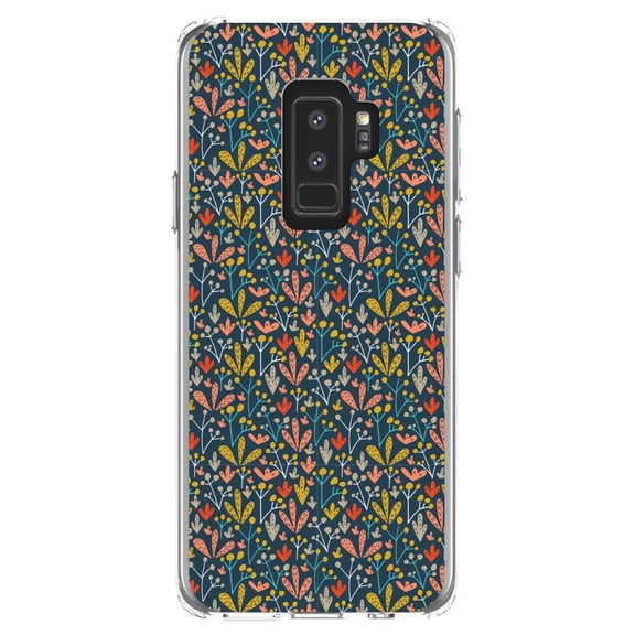 DistinctInk Clear Shockproof Hybrid Case for Samsung Galaxy S9  PLUS (6.2" Screen) - TPU Bumper, Acrylic Back, Tempered Glass Screen Protector - Modern Floral - Navy Yellow Teal